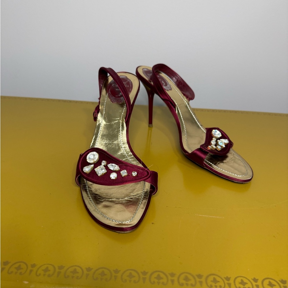 Rene Caovilla Vintage Red Satin Crystal Heel